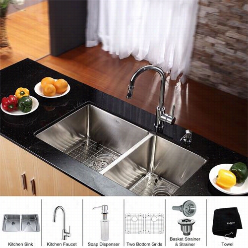 Kraus Khu102-33-kpf1622-ksd300 33"" Undermount Double Bowl Stainless Steel Kitchen S Ink With Kitchen Faucet A Ndd Soao Distributer