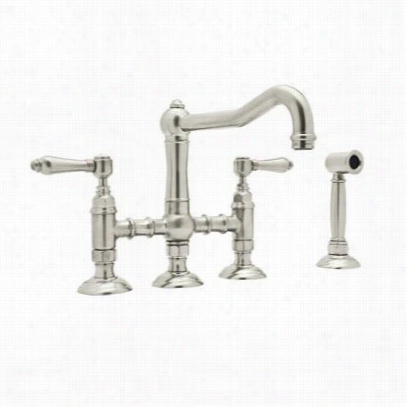 Rohl A1458lpwspn-2c Ountry Kitchen Three Leg Double Handlle Bridge Faucet In P0lished Nickel With Side Spray Porcelain Levers