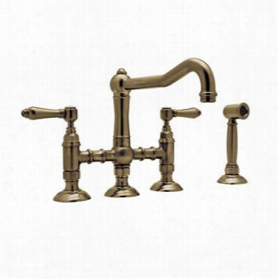 Rohl A418lpwstcb-2 Country Kitchen Three Leg Double Handle Bridge Faucet In Tuscqn Brass With Side Spray Porcelain Levers