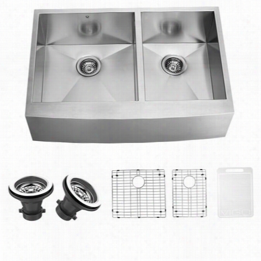 Vigo Vg3620blk1 36"" Farmhouse Stainless Steel Kitchne Sink With Two Grids And Two Strainers