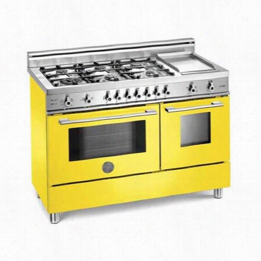 Bertazzoni Pro486gdfsgi Pro 48"&" Dual Fuel Self Clean Range In Giaallo Yellow With   Brass Burnets And  Griddle