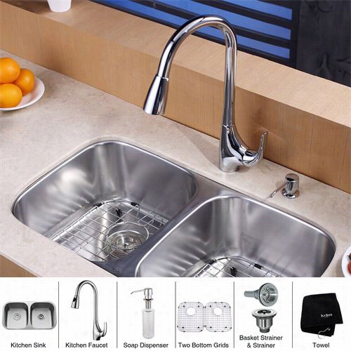 Kraus Kbu22-kpf1621-ksd30 32"" Underount Double Bowl Stainless Steel Kutchen Sink With Kitchen Faucet And Soap Idspenser