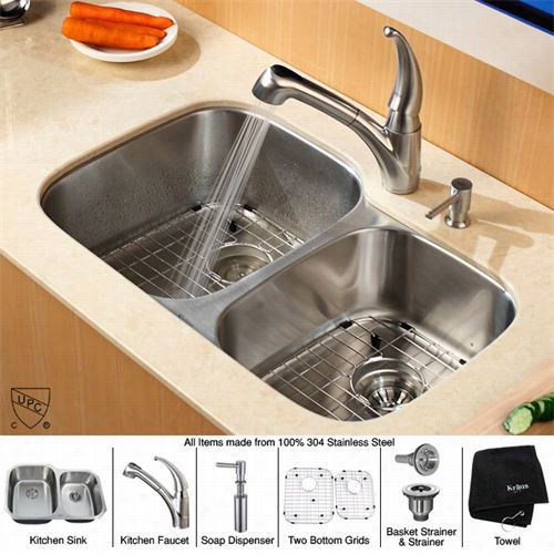 Kraus Kbu24-kpf2110-sd20 32"" Undermount Doouble Bowl Stainless Steel Kitchen Sink With Kitchen Faucet And Soap  Dispenser