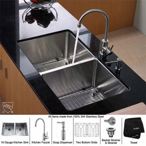 Kraus Khu102-33-kpf1260-sd20 33"" Undermount Double Bowl  Stainlesss Steel Kitchen Ruin Wiht Kitchen Faucet And Soap Dispenser