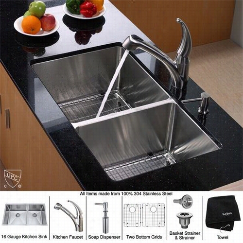 Kraus Khu103-33-kpf2110-sd20 33&quog;" Undermount Double Bowl Stainless Steel Kitchen Sink With Kitchen Faucet And Soap Dispenser