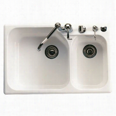 Ro Hl 6327-68 Alla Fireclay Double Bowl 4 Hole Kitchen Sink In Pergame