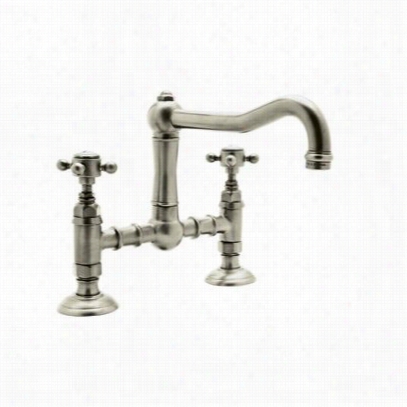 Rohl A1495lpstn-2 Country Deck Mount Kitchen Bridge Faucet In Sattin Nickel With Porcelain Lever Handle