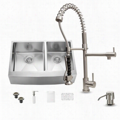 Vigo Vg15093 Farmhouse Stainlesssteel Kitchen Sin With Faucet, Two Grids, Two Strainers And Dispenser