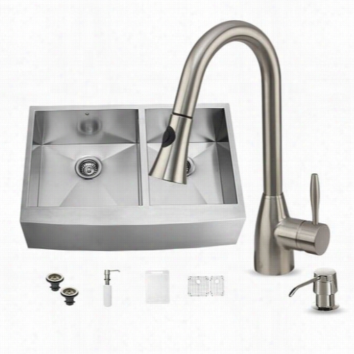 Vigo Vg15z00 Farmhouse 8-3/4"" Spout Stainless Steel Double Bowl Kitchen Sino And Faucet Set