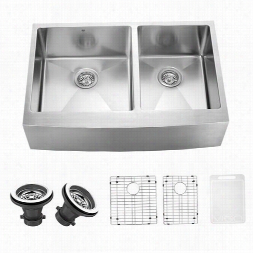 Vigo Vgr3320blk1 33"" Farmouse Stainless Steel Kitchen Sink With Two Grids And Pair Straihers