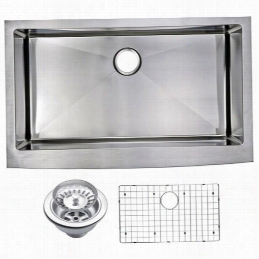 Water Creation Sssg-as-3b22b 36"" X 22"" 15 Mm Corner Radiius Single Bowl Stainless Steel Hand Made Apron Front Kitche N Sink With Make Dry, Strainrr, And Bottom Gri