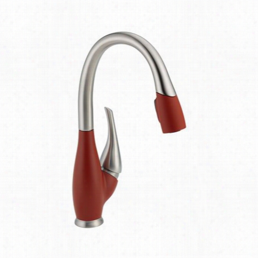 Delta 9158-sr-dst Fuse Sing Le Handle Pull Do Wn Kitchen Faucet In Stainless/red