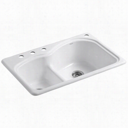 Kohlerr K-5839-4 Woodfield Cast Iron 33"" Self Rimming Rectangular Smmart Divide Lowered Divider Double Large/medium Basin Kitchen Sink With 4 Hole Faucet Drillin