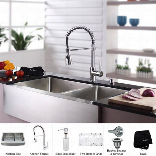 Kraus Khf293-36-kpf1612 -ksd30 36"" Farmhosue Double Bowl Stainless Steel Kitchen Sink With Kichen Faucet And Soap Dispenser