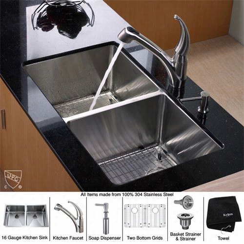 Kraus Khu102-33-kpf2110-sd20 3"" Undermount Doublle Bow L Sttaimless Steel Kitchen Sink With Kitchen Afucet And Soap Dispenser