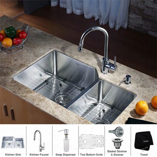 Kraus Khu1123-32-kpf1622-ksd30 32"" Undermount Double Bwwl Stainless Steel Kitchen Sink With Kitchen Faucet And Soap Dispenser