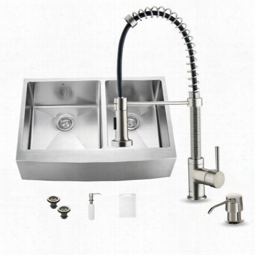 Vigo Vg1510 0 Farmhouse Stainless Steel Kitchen Sink With Faucet, Two Strajners And Dispenser