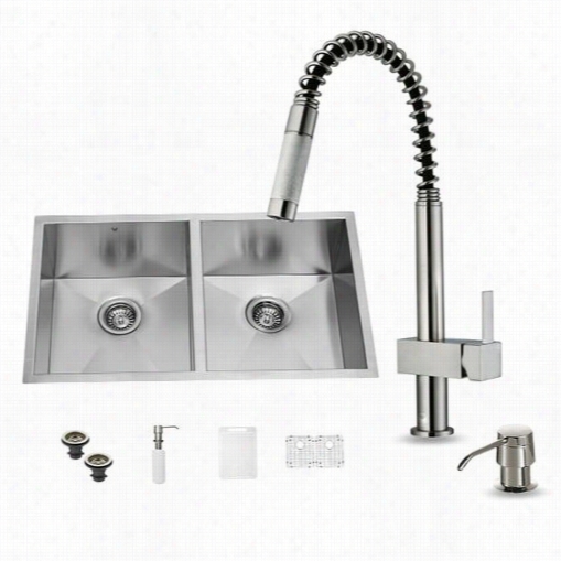 Vigo Vg15158 All In One 32"" Undermount Stainless Steel Double Bowl Kkitchen Sink And Aucet Set