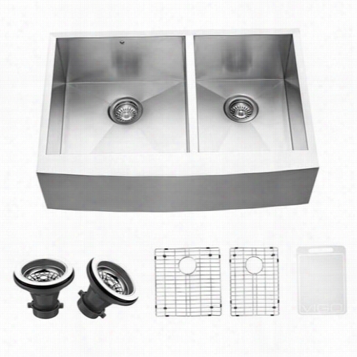 Vigo Vg3320blk1 33"" Farmhouse Unsullied Case-harden Kitcheenn Sink With T Wo Grids And Two Strainers