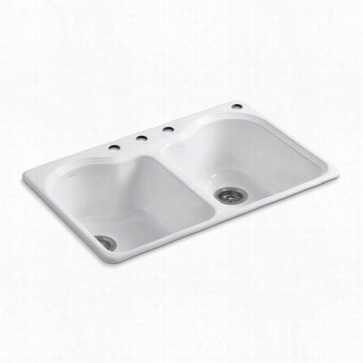 Kohler K-48118-4 Hartland Cast Iron 33&qot;" Self Rimming Rectangular Doube Equal Basin Kitchen Sink With 4 Hole Faucet Drilling