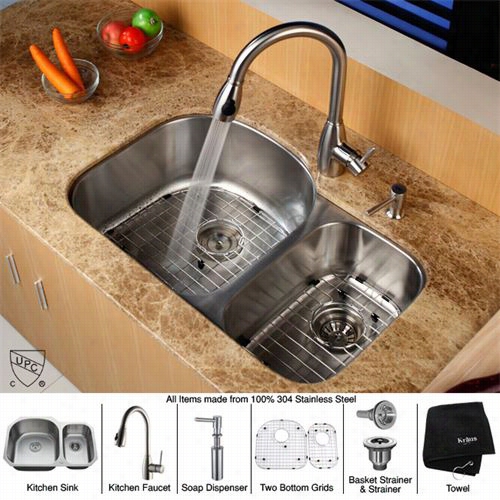 Kraus Kbu23-kpf2130-sd20 32"" Undermount Double Bowl Stainless Steel Kitchen Sink With Kitchen Faucet And Soap Dispenser