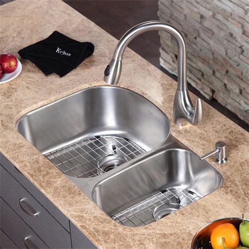 Kraus Kbu23-kpf2170-sd20 32"" Undermount Double Bowl Stainless Steel Sink Upon Faucet