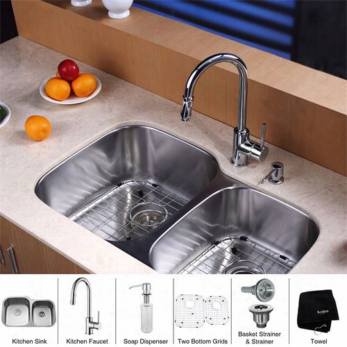 Kraus Kbu24-kpf1622-ksd30 32"" Undermount Double Bowl Stainless Steel Kitxhen Sink With Kitchen Faucet Andsoap Disepnser