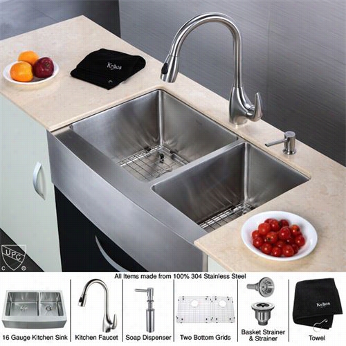 Kraus Khf203-33-kpf2170-sd20 33"" Faemhouse Deceitful Bowl Stain Less Steel Sink With Kpf2170 Faucet