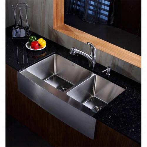 Kraus  Khf203-36-kpf2110-sd20 36"" Farmhouse Double Bowl Stainless Steel  Kitchen Sink With Kichen Aucet One Dsoap Dispenser