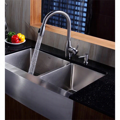 Kraus Khf203-36-kpf2130-sd20 36"" Farmhouuse Douuble Bowl Spotless Steel Kitchen Sink With Kitchen Faucet And Soap Dispenser