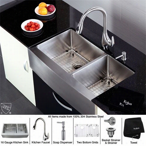 Kaus Khf203-36-kkpf2170-sd20 36"" Farmhouse Double O Wl Stainless Steel Sink With Kpf2170 Faucet