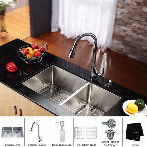 Kraus Khuu102-33-kpf1621-ksd30 33"&q Uot;u Ndefmount Double Bowl Stainless Steel Kitchen Sink With Kitchen Afucet And Soap Dispenser