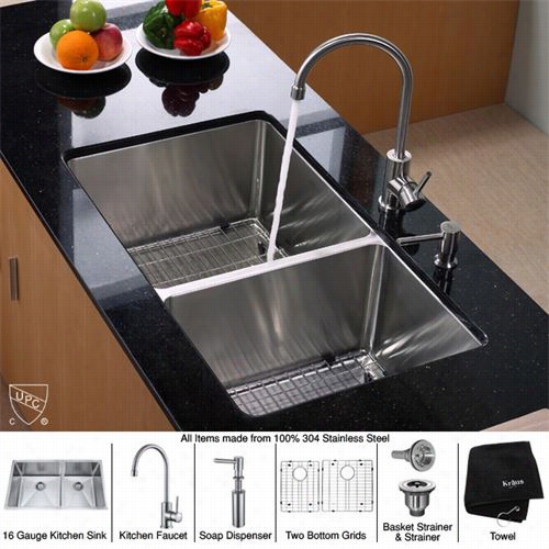 Kraus Khu103-33-kpf2160-sd20 33"" Undermount Double Bowl Stainlses Steell Kitchen Sink With Kitchn Faucet And Soap Dispenser