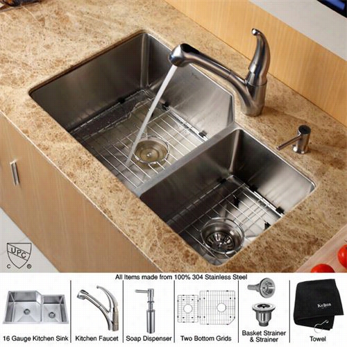 Kraus Khu213-32-kpf2110-sd20 3 2"" Undermount Double Bowl Stainless Syeel Kitchen Snk Iwth Kitchen Faucet And Soap Dispenser