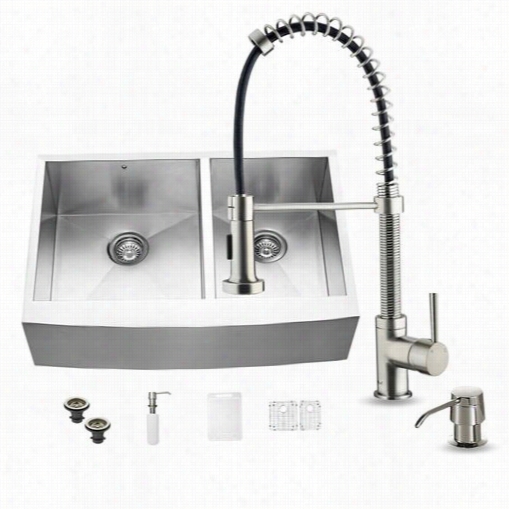 Vigo Vg15131 A Ll In One 33"" Farmhouse Stainless Steel Double Bowl Kitchen Sink And Vg02001st Fauccet Set