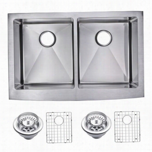 Water Creation Sssg-ad-3322c 33"" X 22"" 15 Mm Coener Radius 50/50 Double Bowl Stainless Steel Hand Made Apron Front Kitchen Sink With Rains, Strainers, And Bo