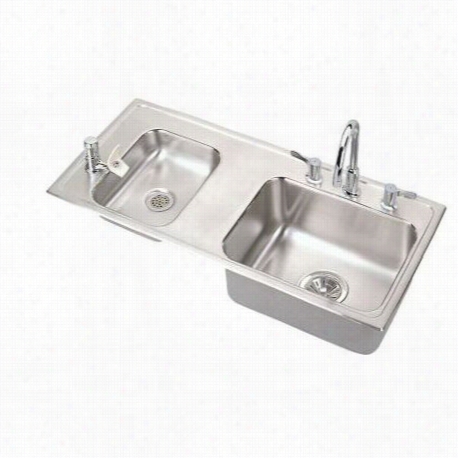 Elkay Drkrq3717lc Lustertone Double Bowl Top Mount Sink And Faucet Kit In Lustrous Highlighted Satin With Left Large Bowl