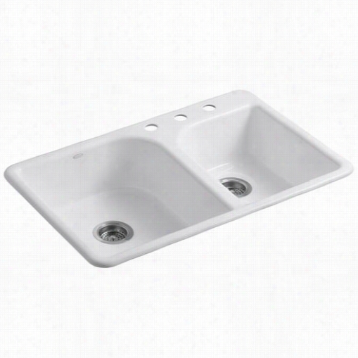 K0hler K-5948-3 Efficiency Cast Iron 33"" Self Rimming Rectangular Double Large/medium Basin Kittche Nsink With 3 Ole 8""  Widespread Faucet Drilling