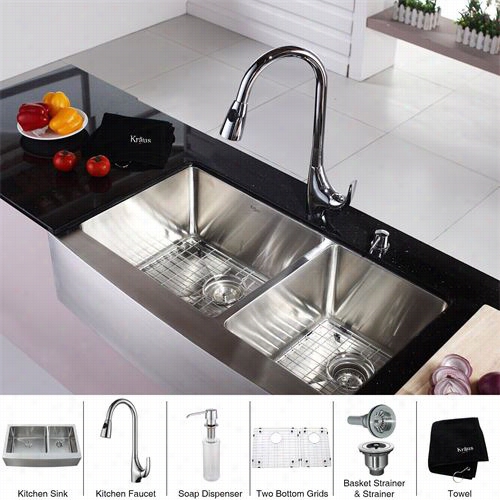 Kraus Khf203-36=kpf1621-ksd30 36"" Farmhouse Double Bowl Stanless Steel Kitchen Sink With Kitchen Faucet And Oap  Distributer