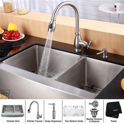 Kraus Khf203-36-kpf2150-sd20 36"" Farmhouse Duplicate Bowl Stainless Steels Ink With Kpf2150 Faucet