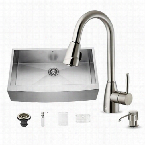 Vigo Vg15145 Farmhouse 8-5/8"" Spout Stainless Steel Kitchen Sink And Vg02014st Faucet Set