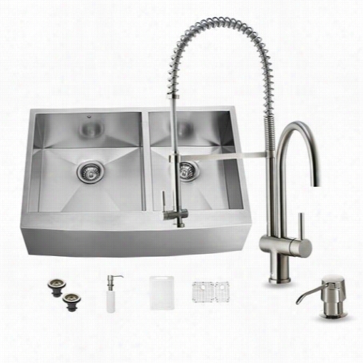 Vigo Vg15197 Farmhouse 8-5/8"" Spout Stainless Stel Double Bowl Kitchen Sink And Faucet Set