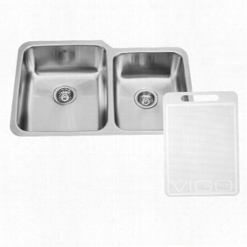 Vigo Vg3221l 32"" Underm0unt 18 Gauge Double Bowl Kitchen Sink In Stainless Stee With Large Hollow In Left