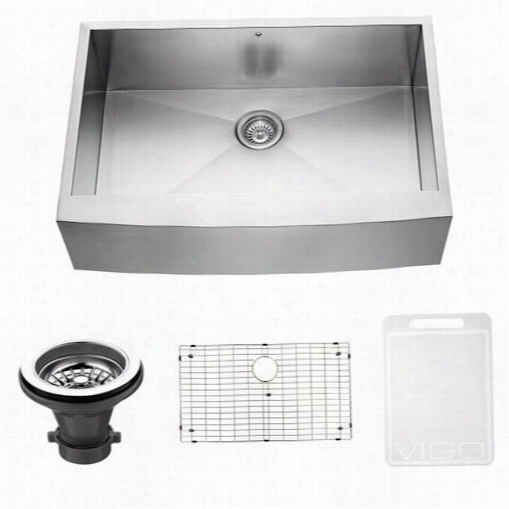 Vigo Vg3320ck13 3"" Farmhouse Stainless Steel Kitchen Sink With Grid And Strainer