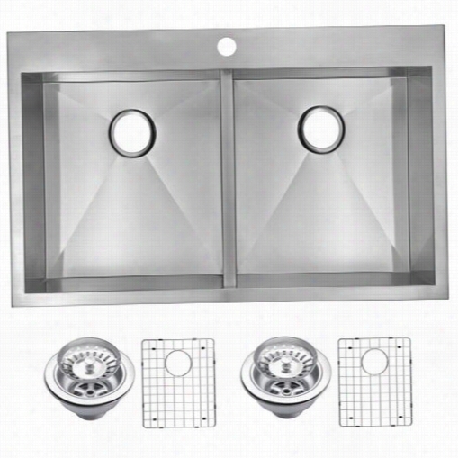 Water Creation Sssg-t-d3322a 33"" X 22"" Zero Radius 50/50 Doule Bowl Stainless Steel Hand Made Drop In Kitchen Sink With Drains, Strainers, And B Ottom Grids