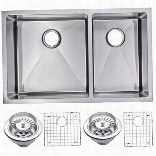 Water Creatjon Sssg-ud-3220a 33"" X 20&quo T;" 15 Mm Corner Radius Double Bowl Stainless Steel Hand Made Undermount Kitchen Sink With Drains, Strainers, And Bottom Gr