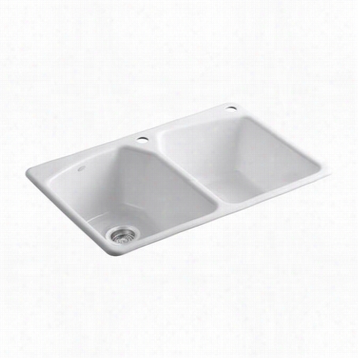 Kohler K-6491-2r Tanager Cast Iron 33& Quot;" Self Rimming Rectangular Double Equal Basin Kitchen Sink With Ssingle Faucet Hole And Single Right Accessory Hole