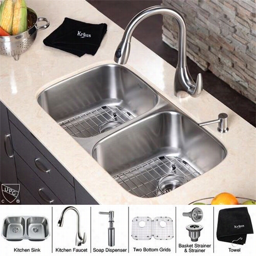 Kraus Kbu22-kpf2170-sd20 32"" Undermount Double Bowl  Stainless Steel Sink With Faucet