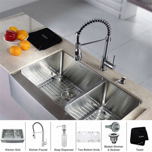 Kraus Khf203-33-kpf1612-ksd30 33"" Farmhouse Double Bowl Stainless Knife Kitchen Sink With Kitchen Faucet And Soap Disspenser