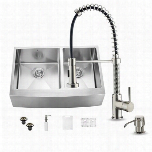 Vigo Vg15101 Famhouse Stainless Steel Kitc Hen Sink With Faucet, Two Grids, Two Strainers And Distributer